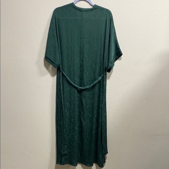 H&M Green Kaftan Midi Maxi Dress Palm Leaf Print Belted V-Neck‎ US 6 - Picture 6 of 16